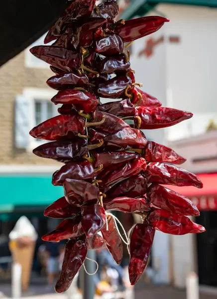 stock image Piment d'Espelette, dried red hot chili peppers from Espelette village in Basque Country in mountains, France, condiment, french spice