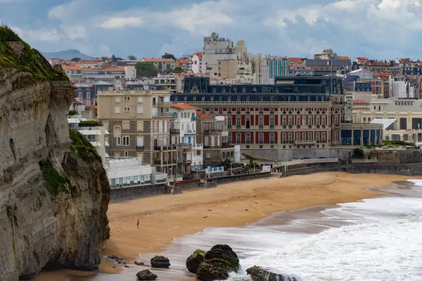 stock image Panoramic view from lighthouse on cliffs, houses, sandy beaches of touristic Biarritz city, Basque Country, Bay of Biscay of Atlantic ocean, France