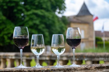 Glasses of white and red dry wine in old wine domain on Graves vineyards in Portets village and old castle on background, Bordeaux, France clipart