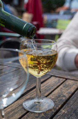 Bordeaux beyaz şarabı tatmak, Gironde Estuary, Fransa 'nın sağ kıyısında. Açık hava restoranında servis edilen beyaz tatlı Fransız şarabı, istiridye çiftliği.