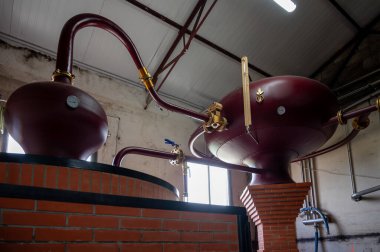 Charentias 'taki konyak ruhlarının çifte damıtma işlemi. Bakır alambik hala eski bir içki imalathanesinde, Charente, Segonzac, Grand Champagne, Fransa