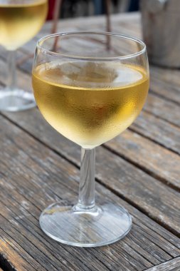 Sauternes 'de Bordeaux şarabı tatmak, Gironde Estuary, Fransa' nın sol kıyısında. Açık hava restoranında öğle yemeğinde servis edilen beyaz tatlı Fransız şarabı.