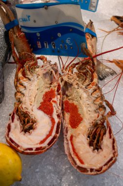 Homard Breton, Homarus, Istakoz, Fransa, Brittany 'de haftalık balık marketinde buzla iki parçaya bölünmüş.