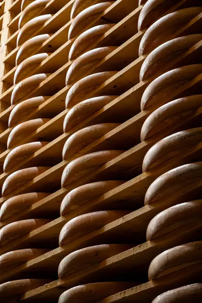 stock image Aging rooms with many shelves in cheese caves, central location for aging of wheels, rounds of Comte cheese from four months to several years made from raw cow milk, Jura, France