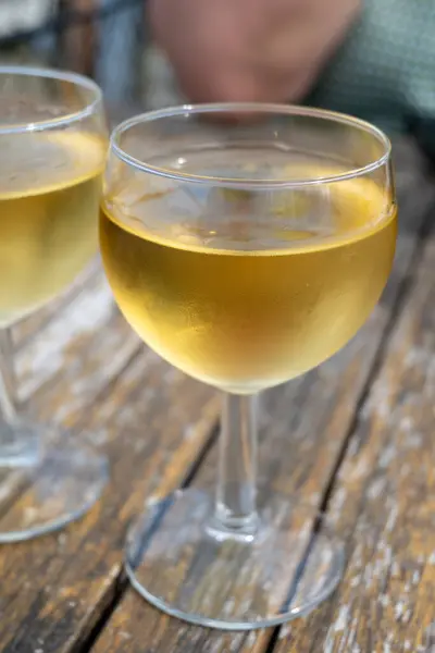 stock image Tasting of Bordeaux white wine in Sauternes, left bank of Gironde Estuary, France. Glasses of white sweet French wine served for lunch in outdoor restaurant