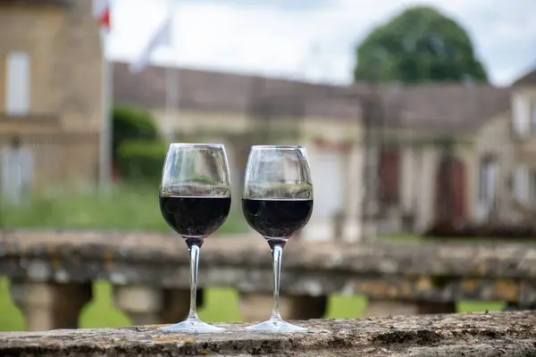 stock image Glasses of french dry red wine in old wine domain on Graves vineyards in Portets village and old wine making castle on background, Bordeaux, France