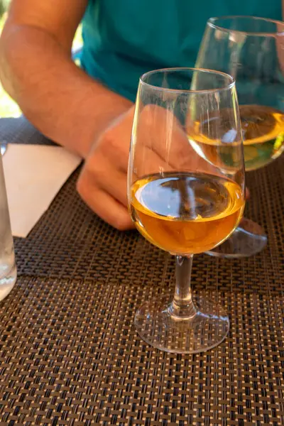 stock image Tasting of Bordeaux white wine in Sauternes, left bank of Gironde Estuary, France. Glasses of white sweet French wine served for lunch in restaurant