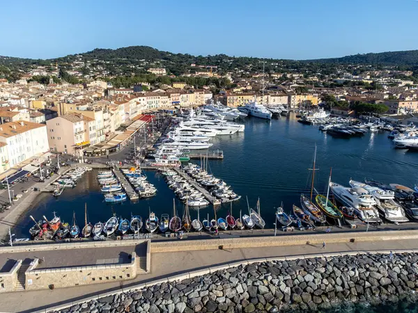 stock image Aerial view on boats, yachts and old port of famous Saint-Tropez town at sunset on French Riviera, Var, Provence, France, summer vacation destination