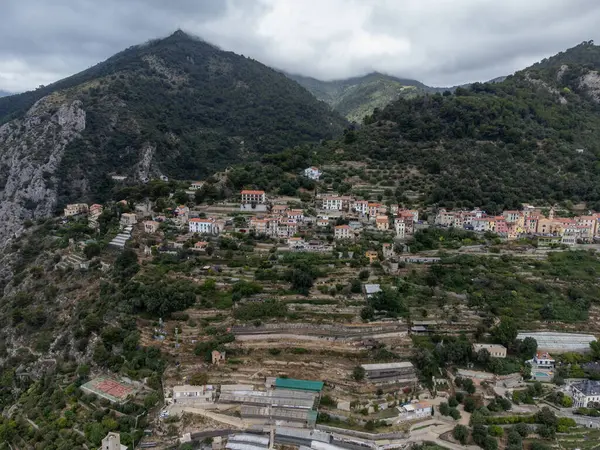 stock image Aerial view on Italian Riviera and mountains from French-Italian border in Grimaldi village, Ventimiglia near San-Remo, travel destination, panoramic view from above