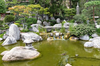 Peyzaj şehir tasarımı, Japonya 'da taşlarla, bonsai çam ağaçları, çiçekler, küçük köprüler, Monte-Carlo şehrinin merkezine su dökülüyor.