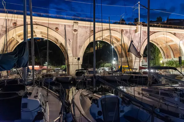 stock image Sailing yacht boats at Port de la Rague near Cannes, French Riviera at night, South of France, summer holiday on Mediterranean sea