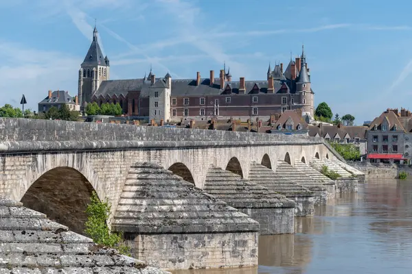 Gien şehrinin eski kesimindeki evler, köprüler ve kaleler Loire nehrinde, Fransa 'nın Loiret bölgesinde.