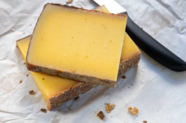 Fransız sarı peynir kontu, çeşitli pastörize edilmemiş inek sütü Prestij, meyveli meyve ve Vieille Reserve yakın plan