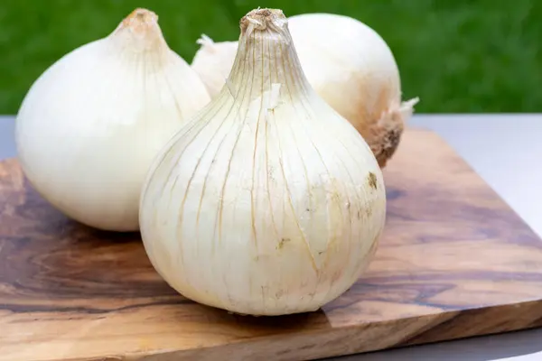 stock image White sweet doux french salad onions vegetables in garden with green grass