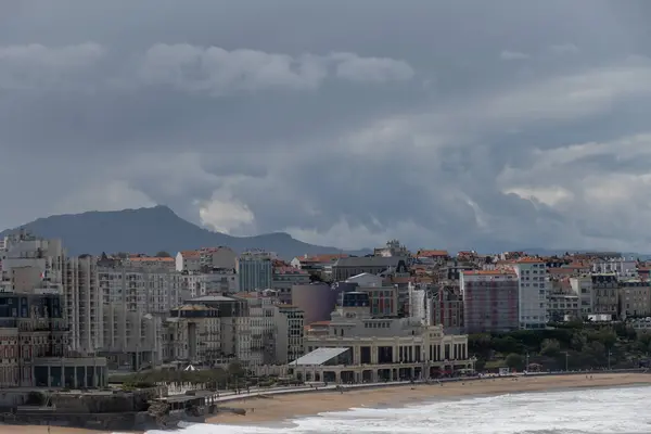 stock image Panoramic view from lighthouse on cliffs, houses, sandy beaches of touristic Biarritz city, Basque Country, Bay of Biscay of Atlantic ocean, France