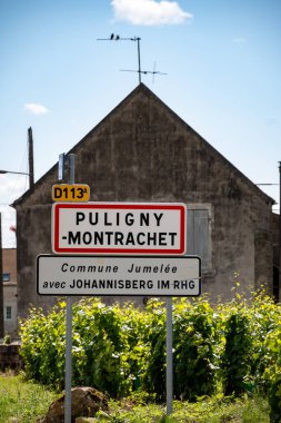 Yol tabelası Puligny-Montrachet köyü, Burgundy France şarabı. Chardonnay üzümlerinden yapılan kaliteli beyaz şarap Grand Cru sınıfı üzüm bağları ve pelerinlerde