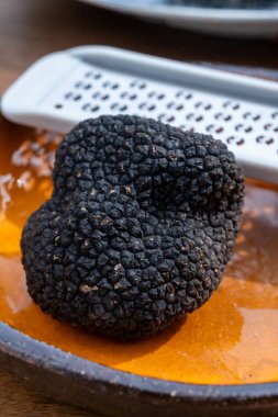 Lezzetli mantarlar, İtalya 'dan taze siyah mantar mantarı ve lezzetli aromalı mantar yemekleri yapmak için rende.