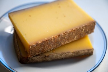 Fransız sarı peynir kontu, çeşitli pastörize edilmemiş inek sütü Prestij, meyveli meyve ve Vieille Reserve yakın plan