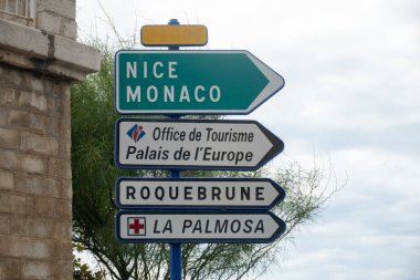 Driving car or family camper on free on Cote d'azur, French Riviera in summer, road signs and directions, traffic jam on touristic road in France clipart