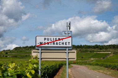 Yol tabelası Puligny-Montrachet köyü, Burgundy France şarabı. Chardonnay üzümlerinden yapılan kaliteli beyaz şarap Grand Cru sınıfı üzüm bağları ve pelerinlerde