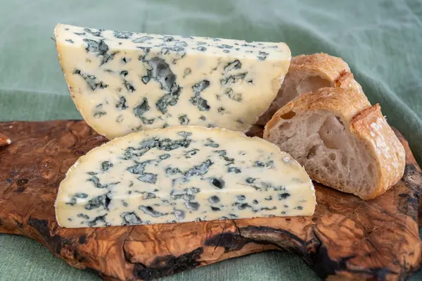 stock image Cheese collection, piece of French blue cheese auvergne or fourme d'ambert close up.