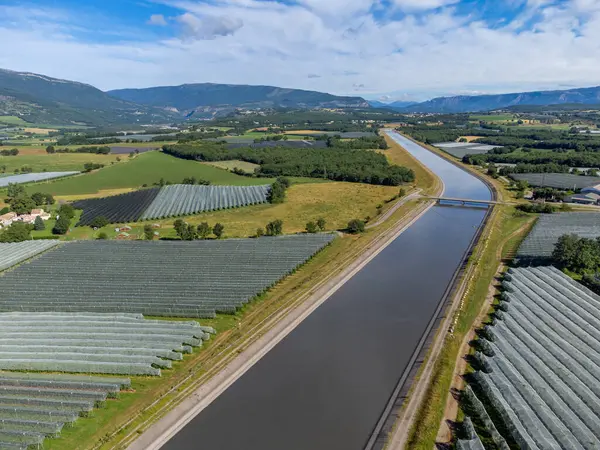 stock image Agricultural region with lavender or lavandine plants, fruit orchards near Sisteron, Haute-Durance, Franse departement Alpes-de-Haute-Provence, in summer, aerial foto