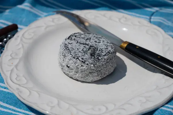 stock image Picnic with cheese, French Cendre Lait cru Chevre black cheese made from goat milk with ash in France served outdoor