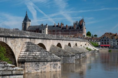 Loire nehri kıyısındaki Gien kasabasının eski bir kısmının manzarası, Loiret departmanı, Fransa, kiremit çatılı evler ve bacalar, kale ve köprü.