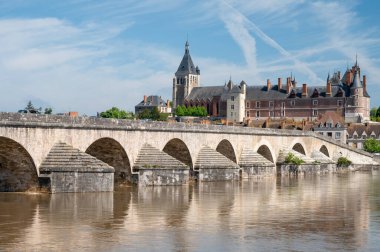 Loire nehri kıyısındaki Gien kasabasının eski bir kısmının manzarası, Loiret departmanı, Fransa, kiremit çatılı evler ve bacalar, kale ve köprü.