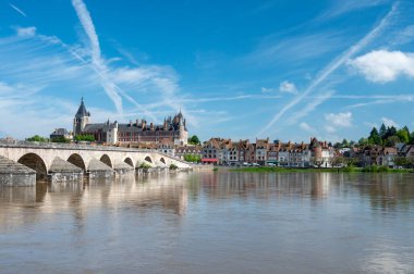 Loire nehri kıyısındaki Gien kasabasının eski bir kısmının manzarası, Loiret departmanı, Fransa, kiremit çatılı evler ve bacalar, kale ve köprü.