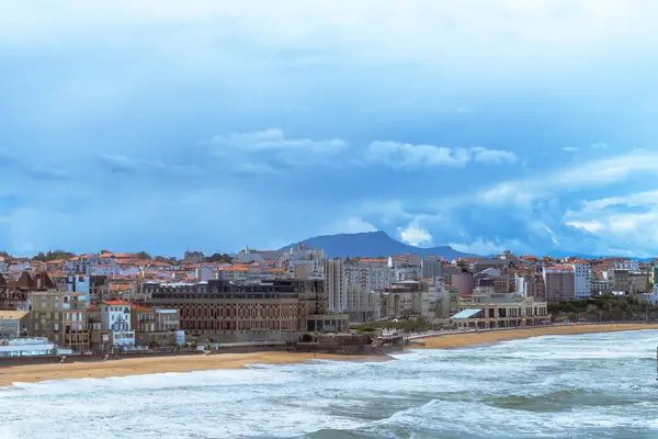 stock image Panoramic view from lighthouse on cliffs, houses, sandy beaches of touristic Biarritz city, Basque Country, Bay of Biscay of Atlantic ocean, France