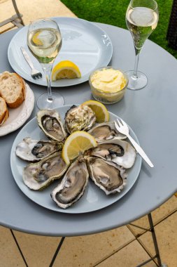 Champagne sparkling wine in glasses and oysters molluscs from Arcachon bay served on oysters farm in Gujan-Mestras, with lemon, baquette bread, butter clipart