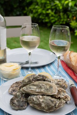 Fransa 'nın Gujan-Mestras limanındaki Arcachon körfezi istiridye çiftliği köyündeki restoranda taze çiğ istiridye kabukları, ekmek, tereyağı ve beyaz şarapla servis edilen tabaklar.