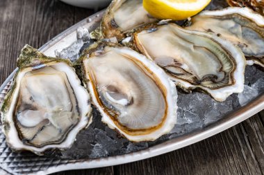 Fransa 'nın Gujan-Mestras limanındaki Arcachon körfezi istiridye çiftliği köyündeki restoranda taze çiğ istiridye, deniz kabuğu, liman, ekmek, tereyağı ve beyaz şarapla servis edilen tabaklar.