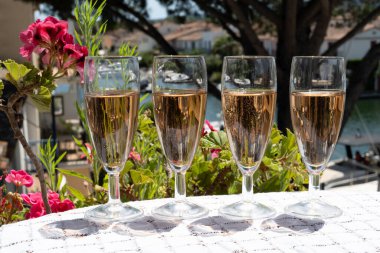 Fransız brut şampanyası şampanya köpüklü lale kadehleri ile Saint-Tropez yakınlarındaki Port Grimaud limanında, Fransız Riviera tatili, Var, Fransa yaz tatili