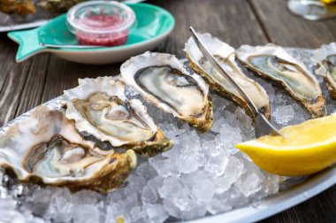 Güneşli bir günde, Arcachon Bassin, Gujan-Mestras limanı, Bordeaux, Fransa 'da, istiridye sayısı 0 olan istiridye çiftçilik köyündeki açık hava kafesinde taze canlı istiridye ve ekmek yemek..