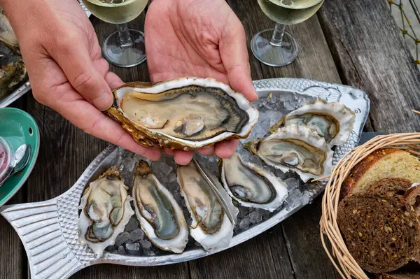 stock image Eating of fresh live oysters with citron and bread at outdoor farm cafe in oyster-farming village, Arcachon bassin, Gujan-Mestras port, Bordeaux, France in sunny day, huge oyster number 0.