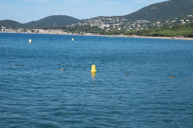 Plage du Debarquement rıhtımından kristal berrak mavi su üzerinde sabah manzarası beyaz kumlu sahil Cavalaire-sur-Mer ve La Croix-Valmer, Fransız Riviera, Var, Fransa yaz tatili