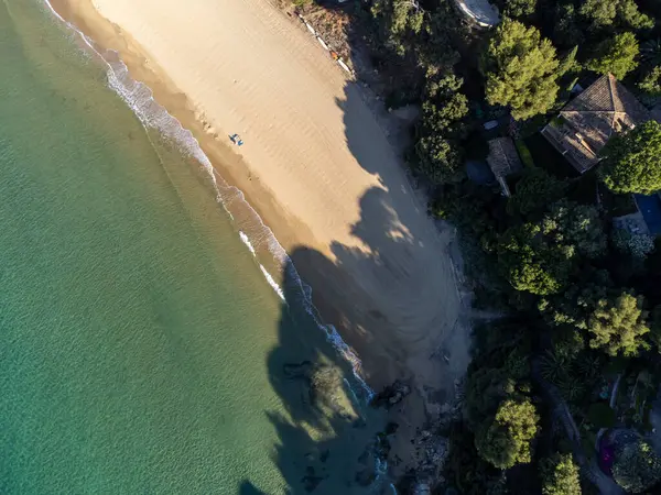 stock image Aerial view on boats, crystal clear blue water of Plage du Debarquement white sandy beach near Cavalaire-sur-Mer and La Croix-Valmer, summer vacation on French Riviera, Var, Provence, France