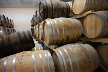 Eski koyu Fransız meşe fıçılarındaki yaşlı konyak ruhları damıtma evindeki soğuk mahzenlerde konyak, beyaz şarap bölgesi Charente, Segonzac, Grand Champagne, Fransa