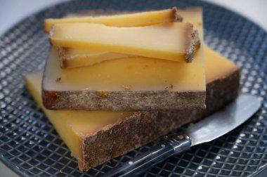 Fransız sarı peynir kontu, çeşitli pastörize edilmemiş inek sütü Prestij, meyveli meyve ve Vieille Reserve yakın plan