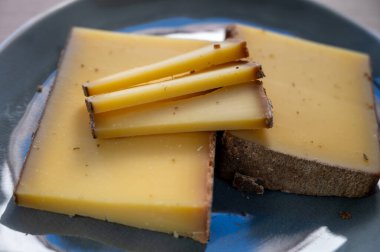 Fransız sarı peynir kontu, çeşitli pastörize edilmemiş inek sütü Prestij, meyveli meyve ve Vieille Reserve yakın plan