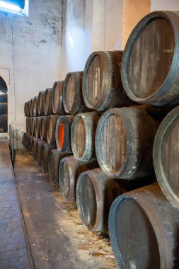 Eski Endülüs şarap mahzeninde solera sistemleri, fıçılarda yıllanmış şarap, sono, manzanilla, olorosso, amontillado jerez güçlendirilmiş şarap, Sanlucar de Barrameda, Cadiz, Endülüs, İspanya