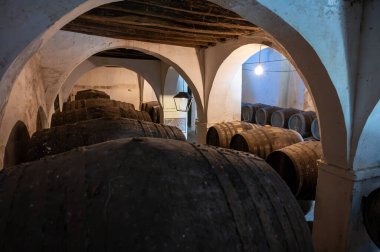 Eski Endülüs şarap mahzeninde solera sistemleri, fıçılarda yıllanmış şarap, sono, manzanilla, olorosso, amontillado jerez güçlendirilmiş şarap, Sanlucar de Barrameda, Cadiz, Endülüs, İspanya