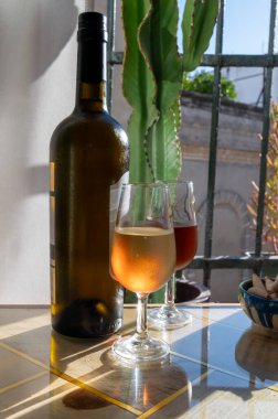 Sherry fino, manzanilla, olorosso şarabı, Jerez de la Frontera, Cadiz, Endülüs, İspanya 'nın eski kesimindeki Endülüs evinde servis edilen palomino beyaz üzümünden yapılmış güçlendirilmiş şarap.