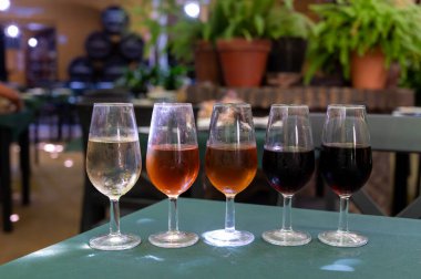 Beş fıçı şarap, fino, manzanilla, olorosso, amontillado, pedro ximenez jerez şarapları eski meyhanede, şarap tatma, Sanlucar de Barrameda, Cadiz, Endülüs, İspanya