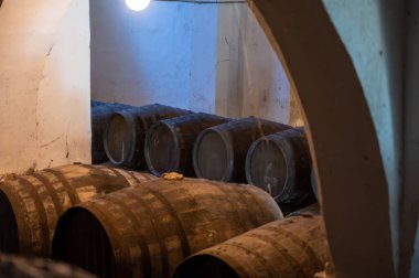 Eski Endülüs şarap mahzeninde solera sistemleri, fıçılarda yıllanmış şarap, sono, manzanilla, olorosso, amontillado jerez güçlendirilmiş şarap, Sanlucar de Barrameda, Cadiz, Endülüs, İspanya
