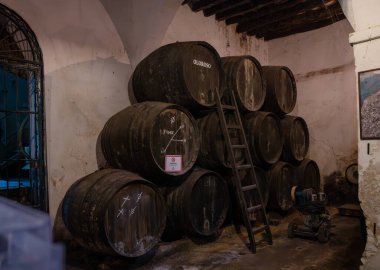 Eski Endülüs şarap mahzeninde solera sistemleri, fıçılarda yıllanmış şarap, sono, manzanilla, olorosso, amontillado jerez güçlendirilmiş şarap, Sanlucar de Barrameda, Cadiz, Endülüs, İspanya