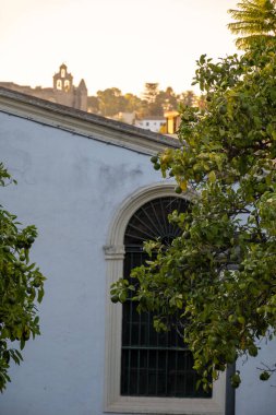 Jerez de la Frontera 'nın eski kısımlarında yürümek, Şeri şarabı üreten şehir, Endülüs, İspanya yazın mimari detaylar, Endülüs tarzı, beyaz evler.