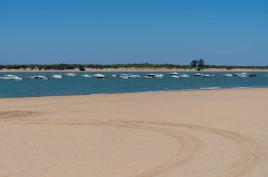 Sanlucar de Barrameda 'daki Qudalquivir nehrinin altın kumlu plajları ve gezinti güvertesi, küçük Endülüs kasabası, İspanya yazın